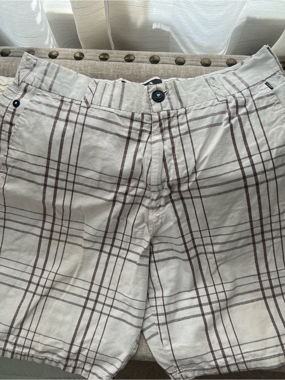 Men’s Plaid  Casual Shorts in White with Brown Stripes by Billabong